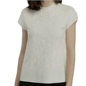 ANNE KLEIN White Bead Detail Short-Sleeve Top White